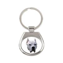Dogo Argentino - geometric keychain with a photo and the inscription Art-Dog balta