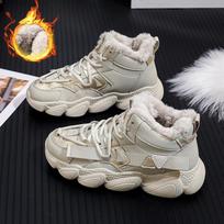 Women's Winter Warm Ankle Boots Non-Slip Faux Fur Lined Snow Booties Chunky Plush Lined Short Boots High Top Sneakers Lace Up Walking Shoes for Women 35 smėlis