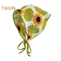 Prancūziško stiliaus bohemiška galvos juosta Nertas gėlių raišteliais trikampė skara Helovino stiliaus megzta bandana plaukų aksesuaras raudona