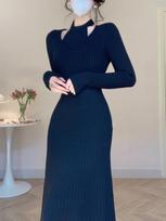 Korean Fashion Dress Autumn Winter New Halter Neck Elegant Knitted Dresses Long Sleeve Simple Base Casual Long Dress Women S juoda