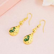 Fashion Ethnic Ladies Gold Peacock Imitation Green Chalcedony Gemstone Tassel Earrings Jewelry 41*12MM beige