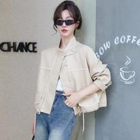 Hong Kong Style Leather Jacket Women's Short Spring New Korean Style Loose Slim Motorcycle Jacket Contrast Color Pu Jacket Top M