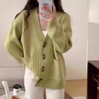 QICED Horn Button Top Women Spring Soft Waxy Loose Large Size V-neck Sweater Knitted Cardigan Coat Uniform size