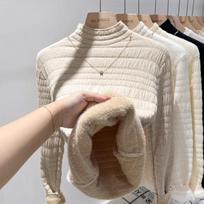 Casual Pullover Women's Sweaters Autumn Winter New Half High Collar Velvet Knitted Sweater for Women Fashion Long Sleeve Plush Warm Knitwear Top 25226 One Size chaki