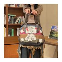 Harajuku Dog  Tote Bag Women Vintage Autumn Patchwork Stripe Brown Shoulder Bag Ladies Retro Casual Handbag Aesthetic black