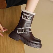 Krazing Pot Cow Leather Wool Fur Round Toe Winter Warm Punk Design Snow Boots Thick Med Heels Metal Buckle Fashion Ankle Boots 35