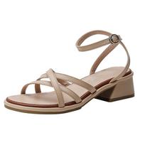 2024 2024 Women Ankle Lace-Up Sandals Summer Roman Style Cross Strap High Heels Narrow Band Shoes Square Toe Sandals Chunky Heels 34