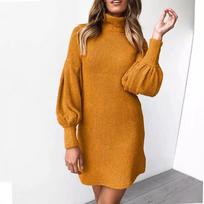 Autumn and Winter Women's High Neck Flare Sleeve Hip Dress 3XL geltona