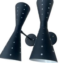 50s 60s Mid-Century Modern Atomic Bow Tie Dual Cone Black Wall Sconce Plug-In Lamp