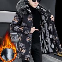 Vyriškas medvilninis paltas, žieminė striukė, parkas, vidutinio ilgio, sustorinta striuke, firminiu raštu, kailio apykakle XXXXXL black