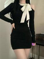Juoda nuo pečių Elegantiška plona vientisa suknelė moteriška rudens žiemos Nauja Gyaru Sexy Party Suknelės Korėjietiška madinga Bow Y2k trumpa suknelė S juoda