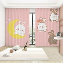 Trendy Cartoon Cute Style Blackout Curtains Pink Rabbit Balloon Moon Girl Princess Bedroom Living Room High Shading Curtains W55 X H120cm X 2&HOOK