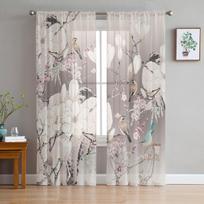 Kiniško stiliaus gėlių paukščio iliustracijos permatomos užuolaidos svetainei, tiulis langams, voile siūlai, trumpos miegamojo užuolaidos W135 x H114cm gray