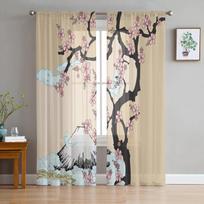 Japanese Mount Fuji Sakura Tree Flower Tulle Window Curtains Living Room Organza Sheer Voile Curtain Bedroom Kitchen Home Decor W135 x H115cm x1&Rod Pocket white