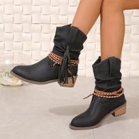 Fashion Woman Pirate Boots Pleated Tassel Mid-calf Boots Women Pointed Toe Chunky Heel Short Boots New Slip-on Plus Size Shoes for Women 35 juoda