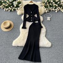 Autumn Korean Gentle Sweater 2 Piece Set Women Solid V-Neck Cardigan High Waist Long Skirt Female Knitted Slim Elegant Suits One Size juoda