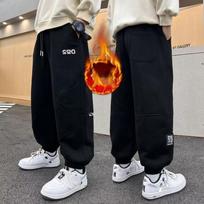 Children's Sweatpants Winter Fleece-lined Mid To Large Boys Trousers Black Trendy Kids Casual Pants 170 juoda