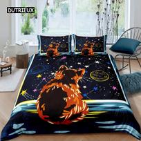 Galaxy Cat Duvet Cover Set Microfiber Universe Galaxy Bedding Set Cute Kitten Comforter Cover Outer Space Planets Quilt Cover EU single(135x200cm) gray