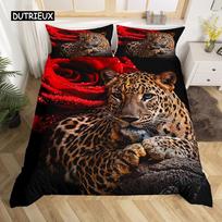 Leopardo antklodės užvalkalų rinkinys Karališko dydžio Raudona rožė Afrikos safari gyvūnai Antklodės užvalkalas Mikropluoštas Rožė Gėlių Gepardo Džiunglių raštas Patalių rinkinys EU single(135x200cm)