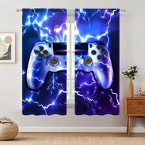 2pcs Cool Lightning Gamepad 3D Printed Thin Curtains for Boys Bedroom Living Room Curtains Perfect For Gaming And Home Decor W50H130(CM)x2pcs&Rod Pocket black