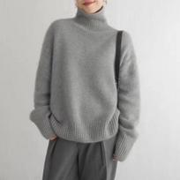 Autumn and Winter Thick Half High Collar Solid Women's Sweaters Elegant Vintage Loose Knitted Pullovers Sweater Ladies Casual Slim Base Jumpers 25560 One Size pilka spalva