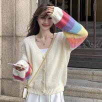 Autumn V Neck Elegant Knitted Cardigan Women Fashion New Long Sleeve Sweet Loose Short Cardigans Jacket Women Slim Casual Winter Sweaters Coats 25564 One Size abrikosas