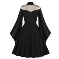 Helovino suknelė moterims Cosplay Witch tinklelio pečiais trimitinėmis rankovėmis gotikinės retro sūpynės suknelės L juoda