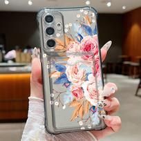 Skaidrus kortelės lizdas, gėlių minkštas silikoninis telefono dėklas, skirtas Samsung S24 S22 Ultra S23 S21 S20 Fe A55 A54 A53 A52 A35 A16 A15 smūgiams atsparus objektyvo apsauginis dangtelis Samsung S24 pilka