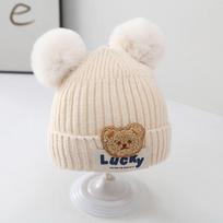 For 3-24 Months Double Pompom Baby Beanie Cap Korean Bear Toddler Boy Girl Knitted Hat Autumn Winter Warm Infant Ear Protection Bonnet Caps orange