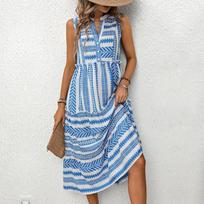 GMXIA Women's Fashion Summer Spring Bohemia Print Sleeveless V-Neck High Waist Casual Dresses S mėlyna