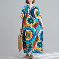 Vasaros plius dydžio medvilnės lino moteriška paplūdimio suknelė su raštu V formos iškirpte Laisva Oversized Paprasto atostogų stiliaus Ilgos suknelės One Size blue