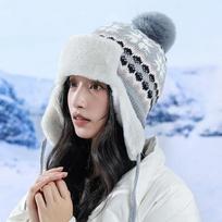 Fashion Knitted Fluzzy Hairball  Hat for Women Trapper Earflap Outdoor Ski Cap Thick Warm Winter Beanie Hat Fur Pompom Bomber Hat One Size pilka