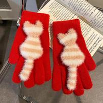 Cute Striped Cat Minute-hand Knitted Woolen Gloves for Women In Winter Thickened To Keep Warm and Cold-proof for Student Riding One Size red