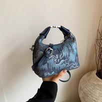 New Chinese style denim contrasting color hand-held dumpling bag women's handbag ethnic style printed shoulder bag gray