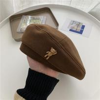Women's Beret Hat, Autumn/Winter Headwear with Cartoon Bear Design, Solid Color Painter Cap, Large Head Circumference One Size
