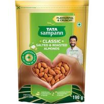 Tata Sampann Classic Salted & Roasted Almonds | Flavourful & Crunchy Snack | Handpicked, Salted | Rich in Protein, Magnesium | 190g