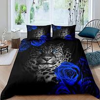 Leopard Duvet Cover Set King Size, Wildlife Animal Bedding Set for Teens Kids Boys Girls,Blue Rose Flowers Soft Comforter Cover EU Single(135x200cm)