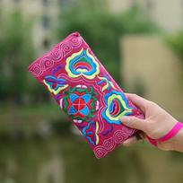 Women Coin Purse Ethnic Handmade Embroidered Wristlet Clutch Bag Zipper Purse Long Wallet Cellphone Pouch Handbag Tote ARI 21x11.5cm ryškiai rožinė