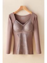 Women's Thermal Lace Vest with Chest Pad - Long Sleeve Body Shaping Top for Autumn & Winter Brown [single piece]. L [80~110 catties] ruda