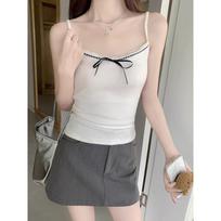 Korean style dopamine solid color gentle sleeveless top short navel-baring bow lace vest for women S gray