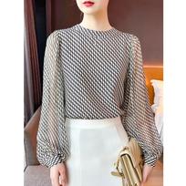 Striped Double Crepe Silk Shirt Women's Stand Up Collar Imitation Mulberry Silk Top Blouses & Shirts S
