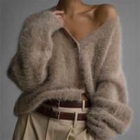 Autumn Winter Imitation Mink Cardigan Women's Lazy Style Loose Sweater Soft Korean Fashion Casual Long Sleeved Knitwear Tops S kupranugaris