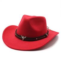 Bull Head Western Cowboy Hat Woolen Jazz Top Hat Men And Women'S Ethnic Style Felt Hat Big Eaves Hat M（56-58cm） raudona
