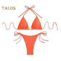 Women's Bikini Set Halter String Side Tie Two-Piece Swimsuit with Starfish Decor Sexy Triangle Bathing Suits for Beach Vacation Hot Spring Pool S oranžinė