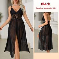 Large Size Erotic Underwear Sexy Mesh Lace Pajamas Split Suspender Skirt Long Loungewear Pajamas S juoda