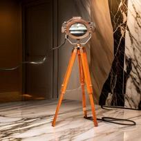 Copper Finish Spot Light with Wooden Tripod Stand Modern searchlight floor Lamp Home, Office Decorative