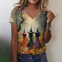 2025 New Witch Print Short Sleeves T shirt Summer Casual Loose V-neck Women's T-shirts Designer Fashion Trend Women Clothing Top S