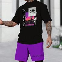 3D printed men's short sleeved fashionable T-shirt dopamine beach casual shorts set soft and comfortable XS gray