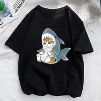 Kawaii Cat Shark Moterų Spausdinti Juokingi marškinėliai Mergaitės Gyvūnai Y2K Mada 90S Spausdinti Viršutiniai Tinklalapiai Gril Juodai Balti Drabužiai 4XL