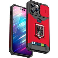 Military Slide Camera Lens Protection Wallet Card Kickstand Case For iPhone 15 14 13 12 11 Pro Max X XR XS 8 7 Plus Armor Cover For iPhone 15&Case & Holder raudona